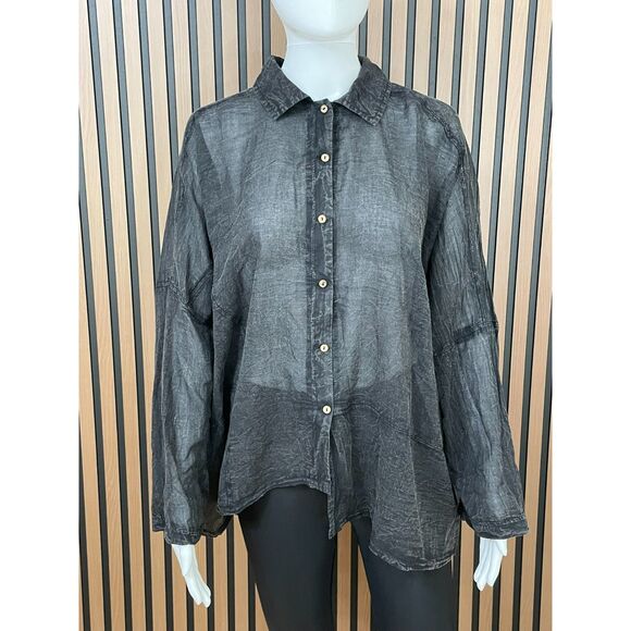 Free People Women's XS Black Shirt Semi-Sheer Button-Up Handkerchief-Hem Boho - Picture 1 of 11